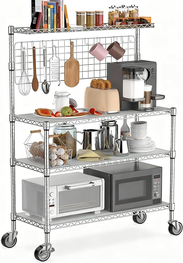 Leteuke Bakers Rack with Storage & Wheels, 42 Inch Microwave Stand Kitchen Shelves, 4-Tier Heavy Duty Storage Rack with 20 S-Hooks, Commercial Metal Utility Kitchen Cart, 42× 18× 63 Inch, Chrome