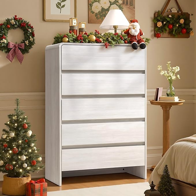 AMERLIFE 5 Drawer Dresser for Bedroom, 48" Tall Modern Chest of Storage Drawers with Rounded Corners, Anti-Tip Kit, Wood Cabinet Organizer for Closet, Apartment, Nursery, Easy Assembly, White