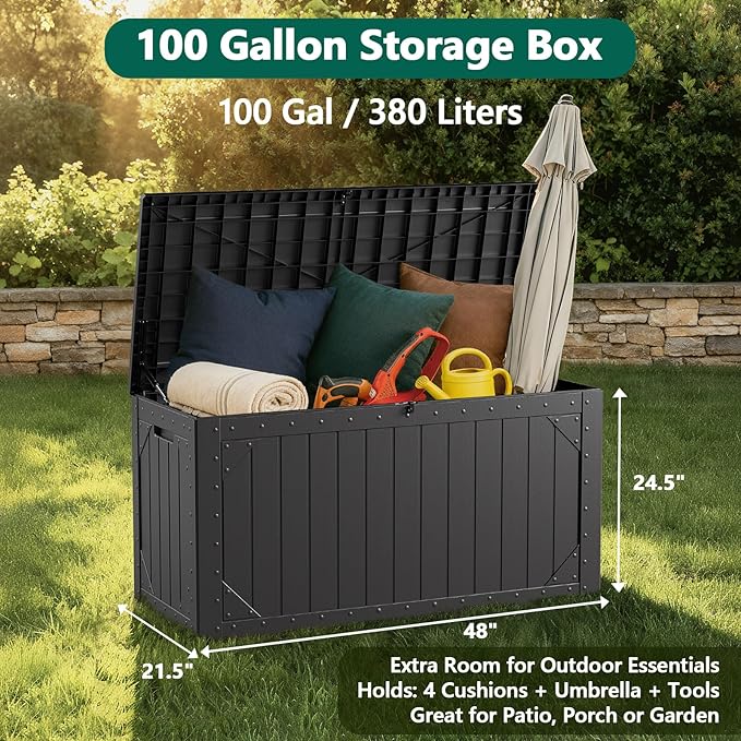 Outdoor Storage Box,100Gallon Deck Box Outdoor Storage Bench Outside Waterproof Resin Storage Bench, Lockable Patio Cushions, Garden Tools Storage For Furniture, UV Resistant(Ebony Black)