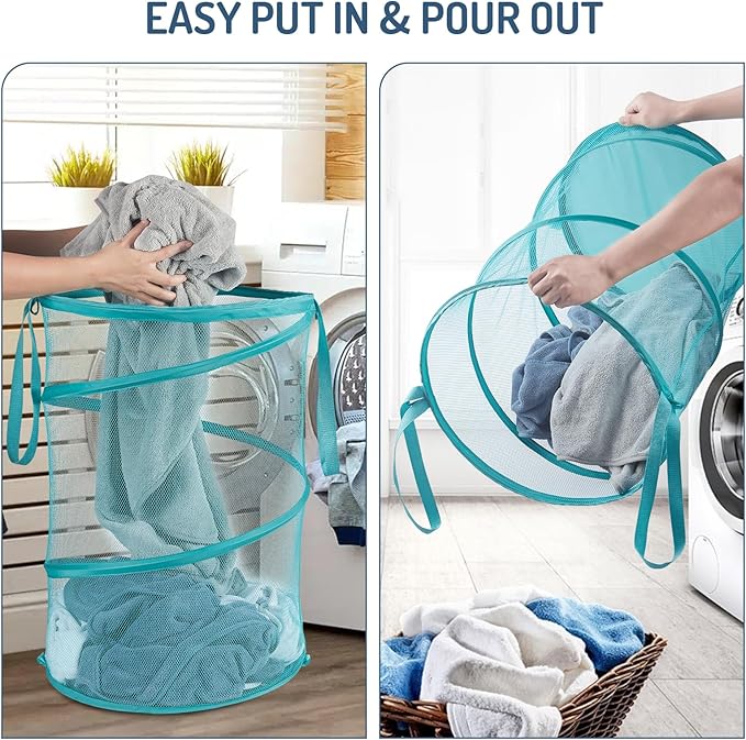 Mesh Popup Laundry Hamper 115L Collapsible Laundry Basket No Lid Extra Large Capacity Foldable Clothing Storage Basket with Handles 26 H x 18 W x 18 L (Turquoise Blue)