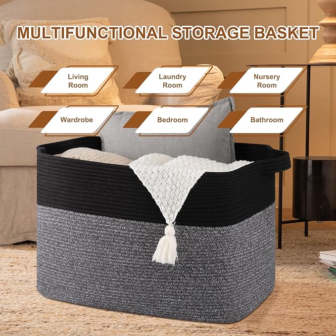 XXXL Supre Large Blanket Basket for Clothes, Towels, Pillows, 108L Cotton Rope Storage Basket for Living Room, Supre Large Woven Toy Storage for Kids, 25" x 16" x 16", Black