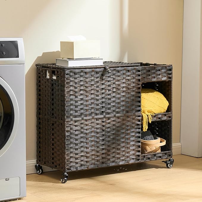 Laundry Hamper with Wheels, 42.3 Gal.(160 L) Laundry Sorter with Shelves, Rattan Clothes Hamper with 4 Removable Liners & 3 Mesh Bags, Handwoven Organizer for bedroom, bathroom, laundry room, Brown