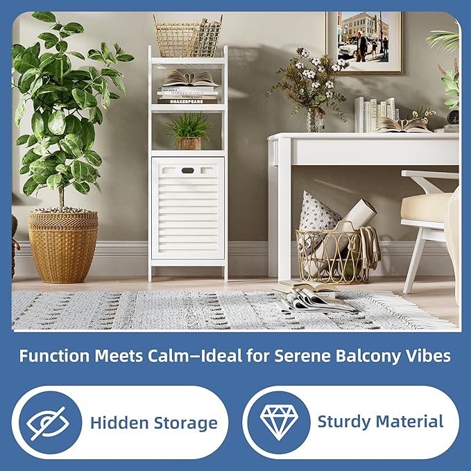 HITNET Bamboo Tilt Out Hamper, Bathroom Laundry Cabinet with Hidden Foldable Basket, Freestanding Clothes Storage Organizer with Storage Shelf, White