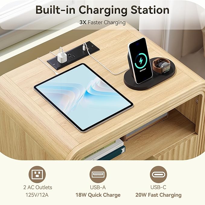 Fluted Nightstand with Charging Station, 19.7'' Wide Morden End Table with USB/Type-C Ports, 2 Drawers & Open Shelf, Curved Profile Design, Wood Bedside Table for Bedroom (Natural Oak)