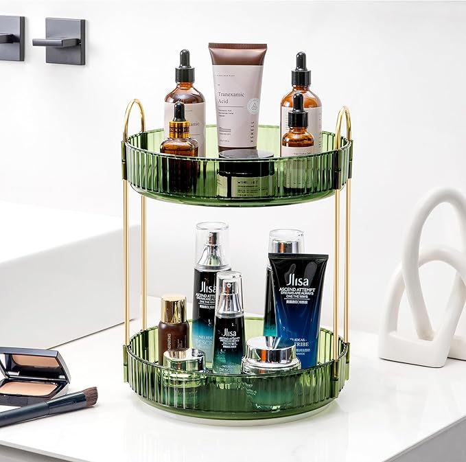 360 Rotating Makeup Organizer for Vanity, Bathroom Countertop Spinning Perfume Organizer, High-Capacity Cosmetic and Skincare Dresser Make Up Holder Rack (2 Tiers, Green)
