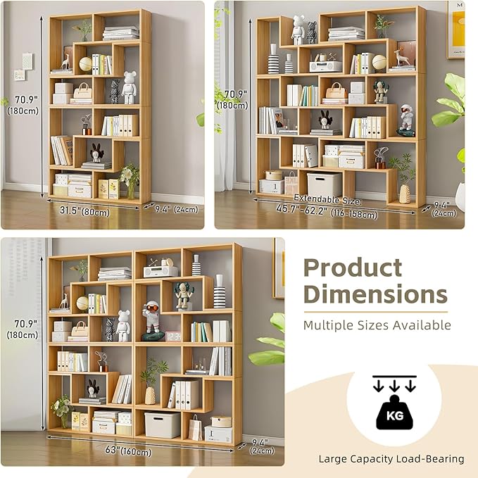 Expandable Bookcase with Adjustable Width,Wooden Room Divider Bookshelf,Standing Display Storage Organizer for Living Room,Study Room or Home Office