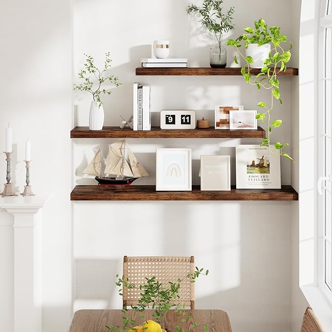 Fun Memories 40 Inch Floating Shelvese, 40" W x 9.3" D Floating Shelf Set of 2, Farmhouse Wood Wall Shelves for Bedroom, Kitchen, Wall Mounted Deep Shelving for Home Decor, Rustic Brown Color