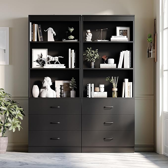 oneinmil 70" H 6-Tier Bookshelf with 3 Drawers, White Bookcase with 3-Tier Open Shelves, Tall Book Shelf with Storage Space, Wooden Storage Cabinet for Living Room, Bedroom, Office (Black, 6-Tier)