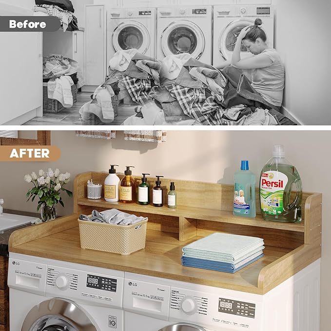 Washer Dryer Countertop with 2-Tier Shelf, 54" W x 27.55" D Laundry Countertop with 2.75" H Guard Edge Rails, Wood Topper with Non-Slip Pad (Pure Wood Color)