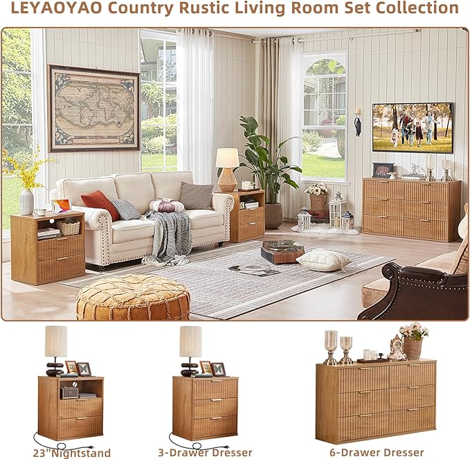 LEYAOYAO Fluted Nightstand Set of 2 with Charging Station,23" Modern Nightstand with Woodgrain Top, 2 Drawer End Table w/Storage, BedsideTables for Bedroom, Living Room, Curved Profile,Brown