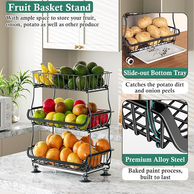 3-Tier Rolling Pantry Floor Organizer and Storage Cart with Wheels, Stackable Wire Pantry Baskets for Pantry Shelves, Kitchen Fruit Basket Stand and Storage Rack for Fruit Snack Onion Potato