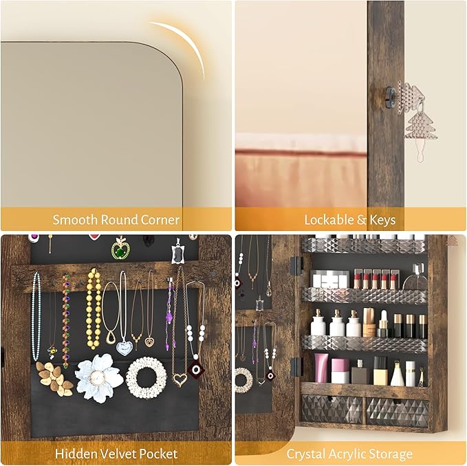 Vlsrka 47.2" LED Mirror Jewelry Cabinet, Wall/Door Mounted Full Length Mirror with Storage, Lockable Jewelry Armoire with Mirror, Rounded Corner Hanging Mirror Jewelry Organizer, Rustic Brown
