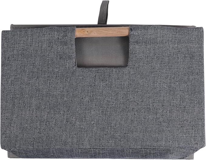 Fabric Storage Bin 3 Pack Foldable Cotton Linen Storage Basket with Wooden Handles Rectangular Cube Box - Gray, Medium