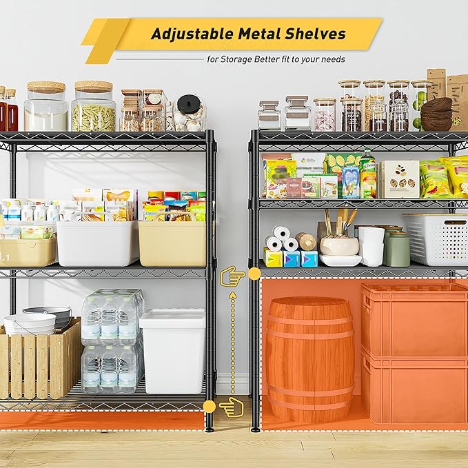 450LBS Storage Shelves 3 Tier Metal Shelving Unit Adjustable Wire Shelving Storage Rack Pantry Shelves for Kitchen Laundry Office Dorm Closet Bathroom 24" W x 30" H x 14" D Black