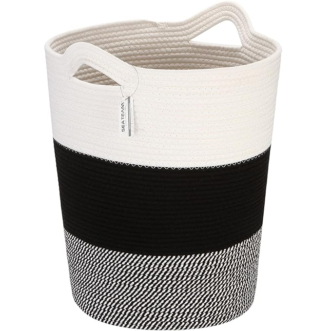 Sea Team Large Size Cotton Rope Woven Storage Basket with Handles, Laundry Hamper, Fabric Bucket, Drum, Clothes Toys Organizer for Kid's Room, 20 x 14 inches, Round Open Design, White & Mottled Black