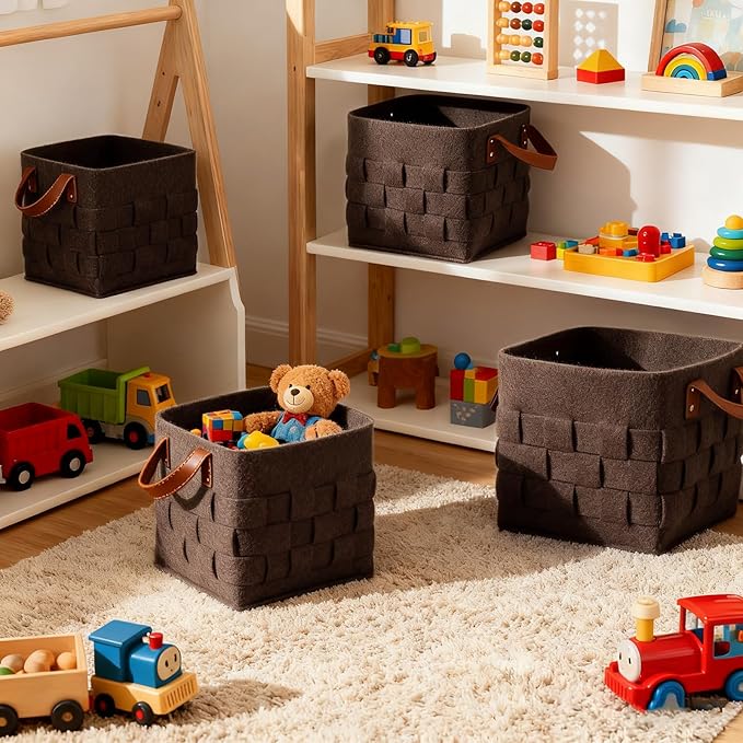 10 Inch Cube Storage Basket 3 Pack, Blanket Baskets with Leather Handle, Felt Fabric Storage Bin for Shelves,Square Baskets for Toys Nursery Living Room, Brown
