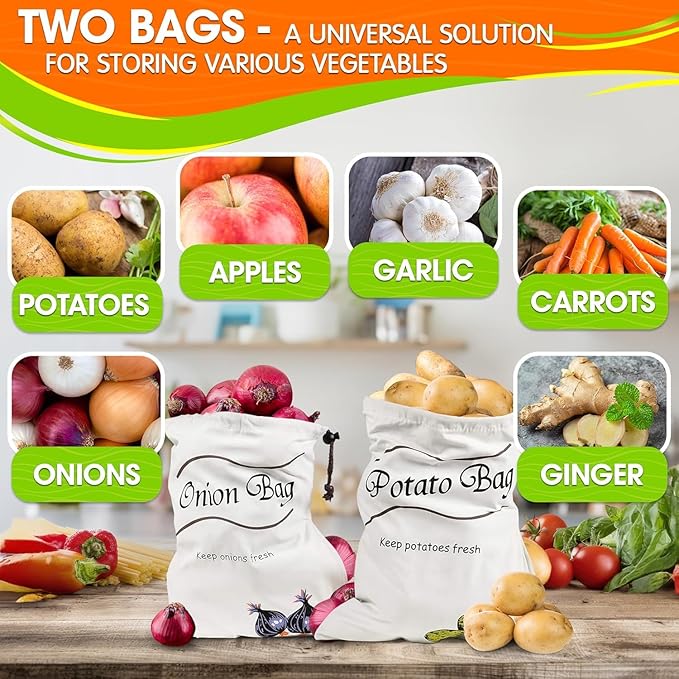 2Pcs Potato and Onion Storage Bags – Reusable Cotton Produce Bags with Black Lining and Side Zipper, Washable, Breathable & Light-Blocking Design for Storing Potatoes, Onions, Garlic & Root Vegetables