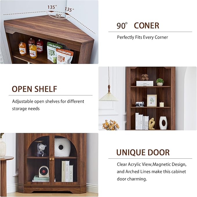 70" H Tall Coner Cabinet with Door & Adjustable Shelves, Mid-Century Farmhouse Wood Storage Cabinet, Home Pantry Hutch for Kitchen, Dining Living Room, Bathroom, Antique Dispaly (Walnut)
