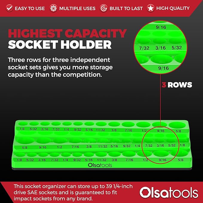 Olsa Tools Magnetic Socket Organizer - 1/4-Inch Drive, 3 Row - Holds 39 SAE Green Sockets - Professional Grade, Part: 1548