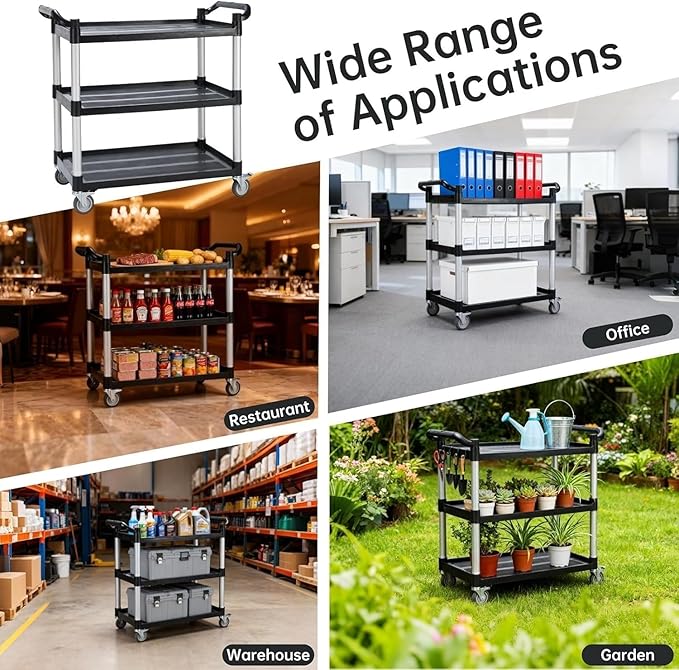 3-Tier Rolling Utility Cart with Wheels, 540 lbs Capacity Service Cart, Commercial Kitchen Cart with 4 Lockable Swivel Casters for Restaurant/Home/Warehouse/Office (40 x 20 x 38 in)