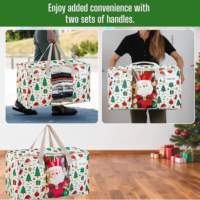 VENO 6 Pack Moving Bags, Large Christmas Storage Bins with lids, Packing Supplies for College, Alternative to Moving Boxes, Foldable, Heavy-Duty Tote, Christmas Pattern (Jingle Mix, 6 Pack)