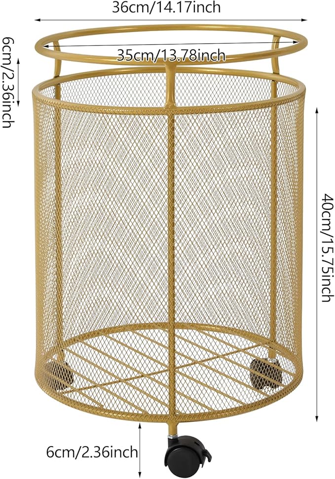 Laundry Hamper with Wheels,Round Metal Laundry Basket Cart,Portable Laundry Hamper Sorter Cart,Bathroom Dirty Clothes Basket Toy Storage Basket (Gold)