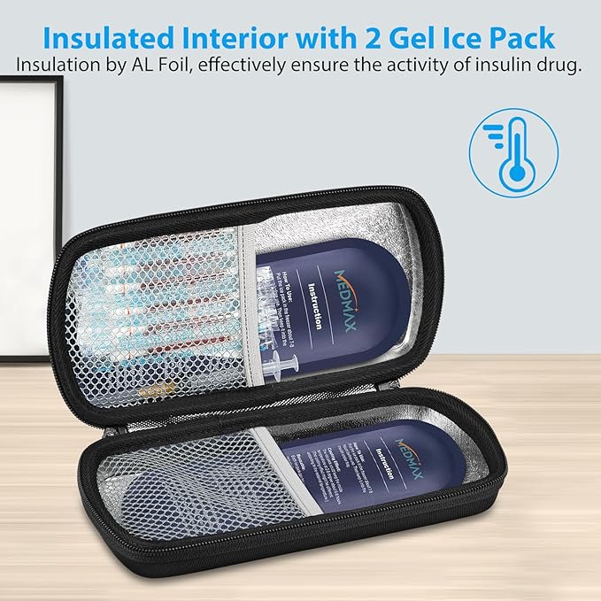 Hard Shell Insulin Cooler Travel Case with 2 Ice Pack, Shock Absorption Insulated Diabetic Medication Organizer Carrying Bag with Extra Pouch for Insulin Pen and Other Diabetic Supplies, Black