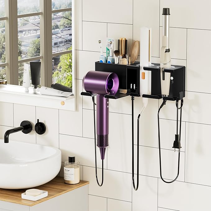 Hair Dryer Holder Wall Mounted, Metal Hair Tools Organizer, Hair Dryer Holder for Blow Dryer, Curling Iron, Straightener, Bathroom Hair Accessories Tools Organizer, Black