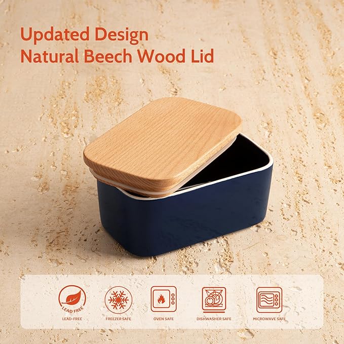 Sweese Large Butter Dish with Lid for Countertop, Airtight Butter Keeper Holds Up to 2 Sticks of Butter, Porcelain Butter Container for Kitchen Decor and Accessories for Kitchen Gift, Navy