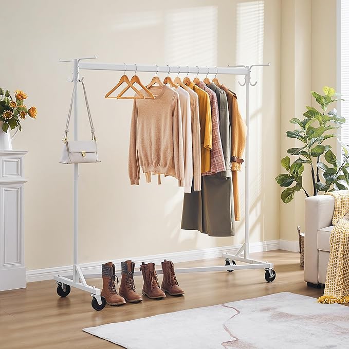 Hoctieon Z Clothes Rack with Cover, Metal Heavy Duty Clothing Rack, Rolling Garment Rack with Wheels, with Dustproof Cover Waterproof Protector, with 2 Durable Zippers, for Hanging Clothes, White