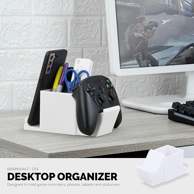 BRAINWAVZ Desk Organizer with Game Controller Holder, Tablet Stand for iPads/iPhones, TV Remote & Pen Storage, Reduce Desktop Clutter, Have All Your Side Table Items in One Space (White)