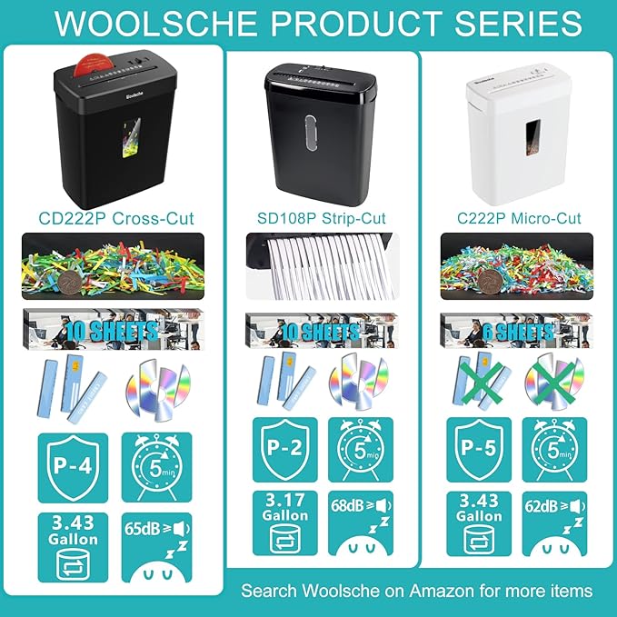 Woolsche Paper Shredder,10-Sheet Cross Cut with 3.43-Gallon Basket, P-4 Security Level,3-Mode Design - Shreds CD and Credit Card,Durable,Fast and Jam Proof for Home Office (ETL Certified)