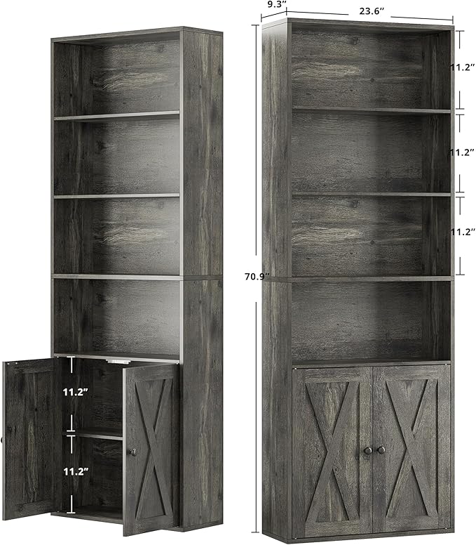IRONCK Industrial Bookshelves and Bookcases with Doors Set of 2 Floor Standing 6 Shelf Display Storage Shelves 70 in Tall Bookcase for Home Office, Living Room
