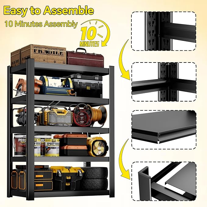 CJF Metal Storage Shelves, 5-Tier Garage Shelving Unit, Heavy Duty Adjustable Metal Shelving for Garage, Basement, Pantry, Warehouse-Black (71 "H x 36" W x 16" D)