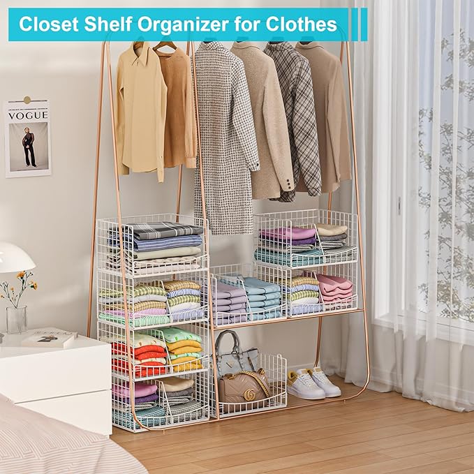 4-Tier Stackable Closet Organizers and Storage Basket with Divider, Foldable Closet Shelf Organizer Systems for Clothing Sweaters, Wardrobe Cupboard, White