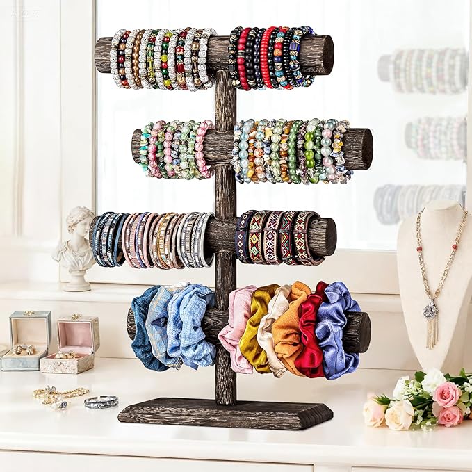 LadyRosian 4 Tier Wooden Display Jewelry Accessory Stand Jewelry Bracelet Holder Bangle Watch Necklace Storage Jewelry Holder Stand Display Organizer (Brown-4 layers)