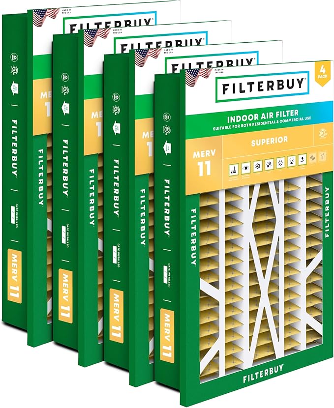 Filterbuy 16x25x5 Air Filter MERV 11 Superior Pet & Allergy Defense (4-Pack), Electrostatic Pleated HVAC AC Furnace Filters for Honeywell Return Grille (Actual Size: 14.38 x 23.38 x 3.69)