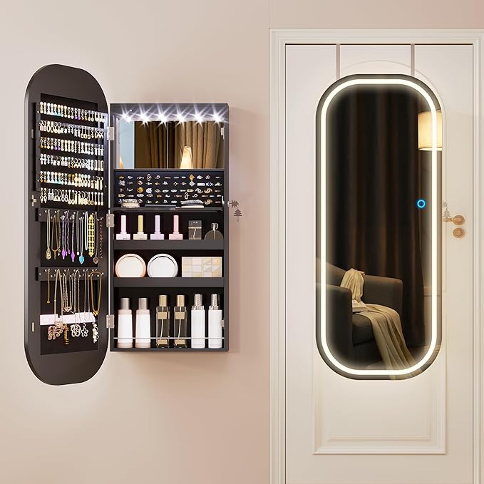 LVSOMT LED Mirror Jewelry Cabinet, Wall/Door Mount Jewelry Mirror Organizer, Rounded Full Length Mirror with Storage, Lockable Jewelry Armoire, 16" Wide, Foldable Shelf, Interior Mirror, Black