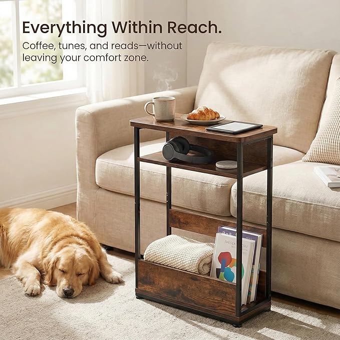 Narrow Side Table,3-Tier Slim End Table with Storage Shelf,Modern Sofa Table Thin Side Table for Narrow and Small Spaces, Skinny Bedside Table Small Nightstand with Magazine Rack Space Saving/Brown