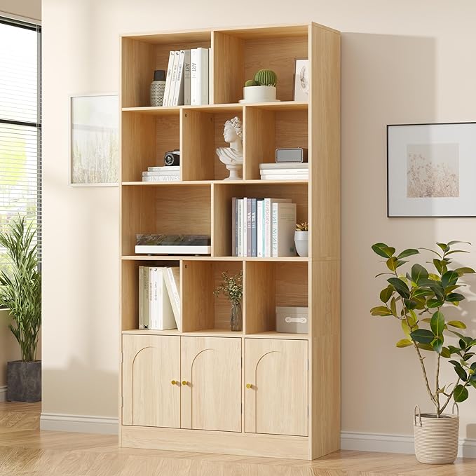 71" Tall Bookshelf with 10 Cubes and 3 Doors, 4-Tier Bookshelf, Open Shelf Bookcase with Cabinet, Modern Cube Storage Organizer for Living Room, and Office, Natural Wood Color