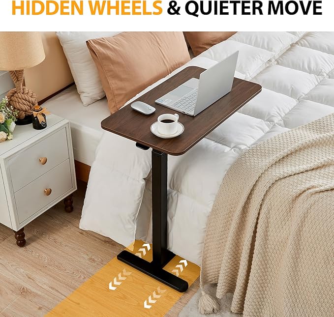 Overbed Table with Hidden Wheels, Height Adjustable Medical Bed Table Hospital Bedside Table, 28" W x 16" D Rolling Laptop Standing Desk for Home & Office, Walnut Brown