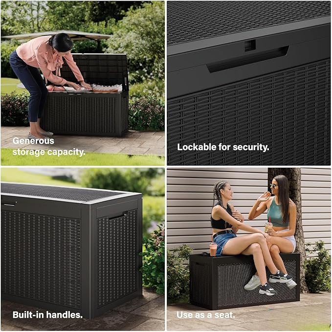 180 Gallon Resin Deck Box, Waterproof Outdoor Storage Box for Patio Furniture, Garden Tools, and Pool Accessories, Lockable UV-Resistant Storage Bin Bench Cabinet for Outside, Black