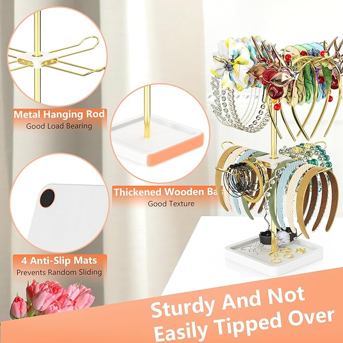 Rotatable Headband Organizer, 2 Tier Head Tie Holder, Hair Hoop Display Stand, Wooden Head Band Storage with 8 Metal Brackets, Scrunchie Rack for Bracelet, Jewelry, Claw Clip (White)