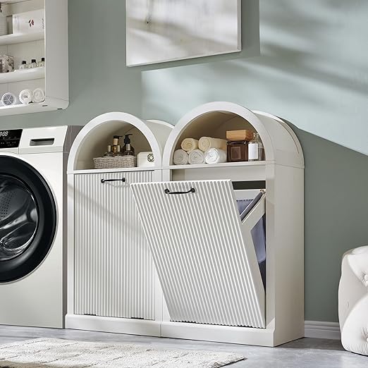 Arched Tilt-Out Trash Can Cabinet, Fluted 10 Gallon Trash Cabinet Set of 2, Modern Laundry Hamper, Hidden Garbage Can with Storage Basket for Kitchen, Living Room, White