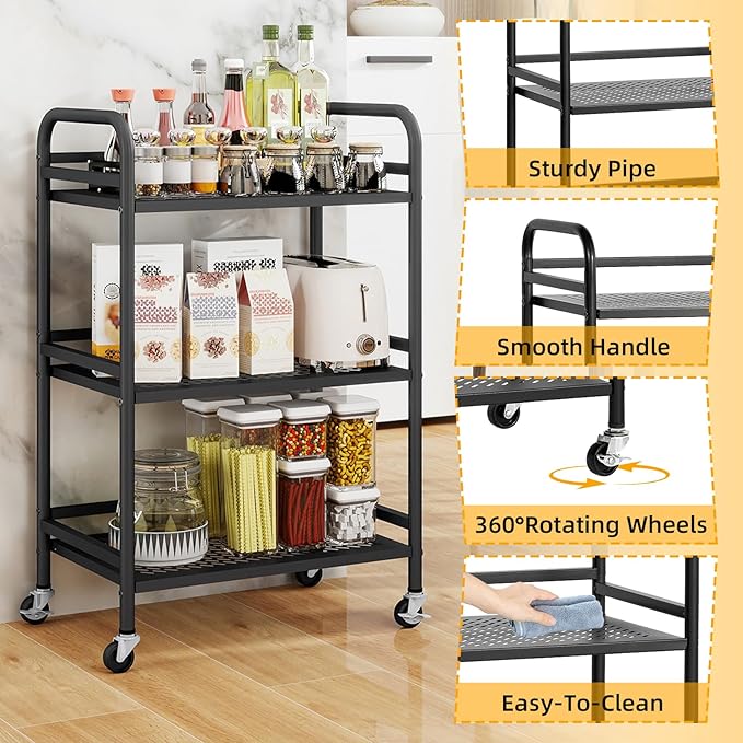 HDANI 3 Tier Rolling Cart,Heavy Duty Multifunctional Metal Frame-Supports 22 Lbs Per Tier,Mesh Rolling Cart with 2 Lockable Wheels for Office,Home,Bedroom,Kitchen,Bathroom,Black