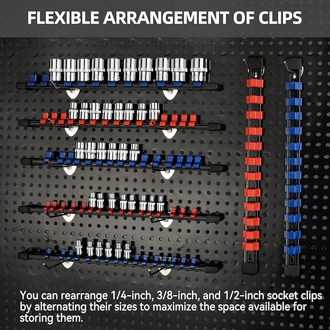 Socket Organizer Drive ABS Tools - Red Socket Holder, Premium Quality 12 Pieces Socket Holders Kit 1/4-Inch x 64 Clips, 3/8-Inch x 60 Clips, 1/2-Inch x 48 Clips（12PC,Red)