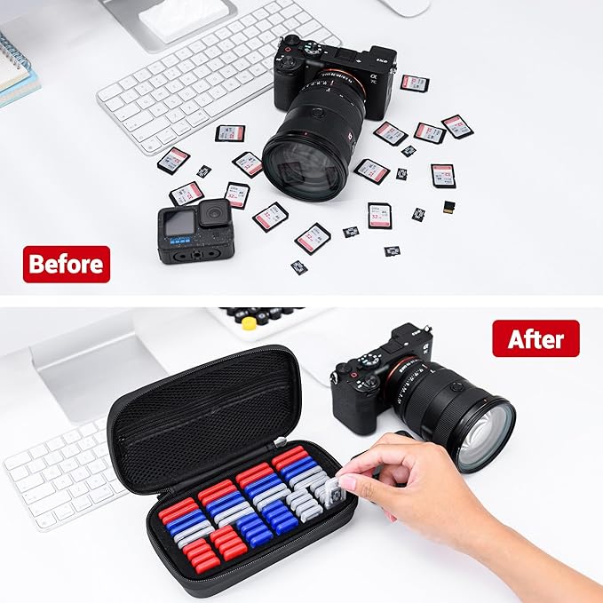 EVA PU Memory Card Case with 48PCS Clear Plastic Memory Card Holder for 24 SD SDHC SDXC & 24 TF MSD Cards,Dual-Protect Water-Resistant Anti-Shock MicroSD SD Card Carrying Organizer with Label