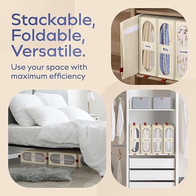 4x Bed Sheet Organizer Storage Boxes with Big See-Through Windows - Bedsheet Organizers Redesigned. Robust Bed Sheet Storage -15x13x5 in. Sheet Organizers Containers (Off-White)