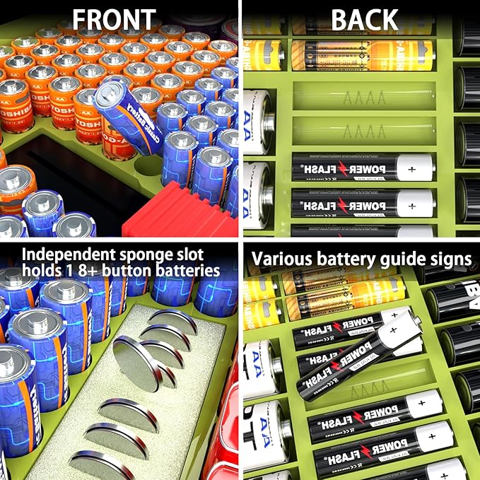 ALCYON Large Capacity 269 Battery Organizer Storage Case with Tester, Double-Side Battery Holder Container for AA AAA AAAA C D 9V Lithium 3V CR123 CR1632 18650 Batteries(Box Only) (Lighting Green)