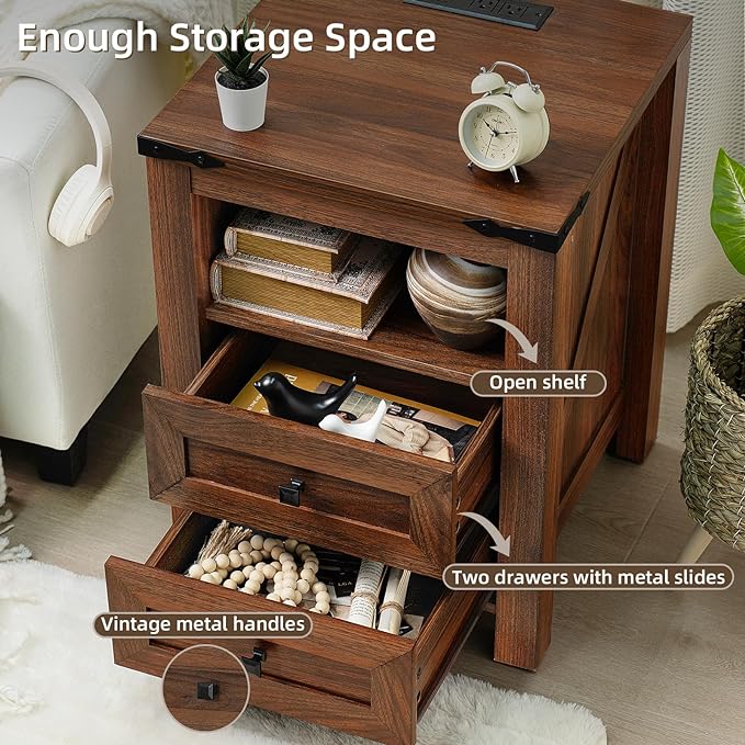Nightstand with Charging Station and USB Port, Farmhouse Side End Table with 2 Drawers and Open Shelf, Wood Rustic Sofa Table, Bedside Cabinet for Bedroom, Living Room, Closet, Office(Brown)
